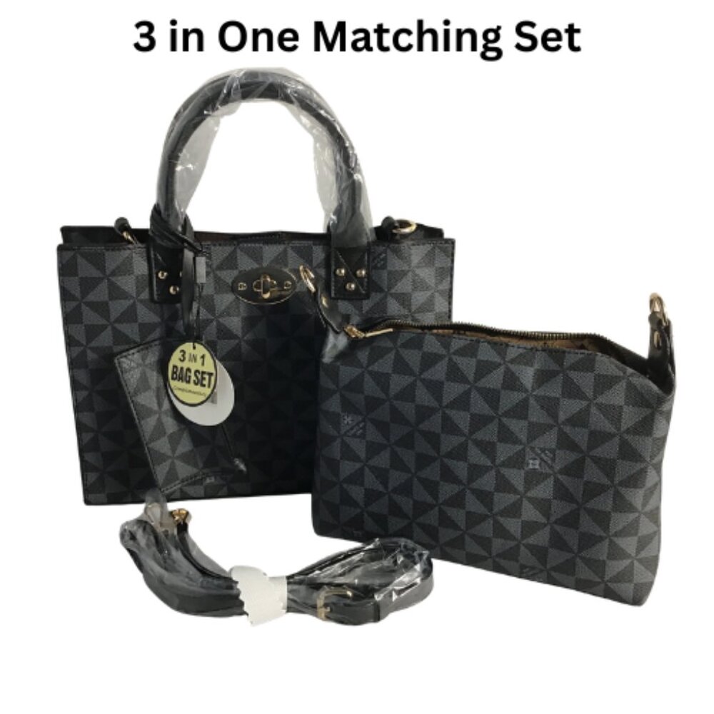 3-in-1 Monogram Vegan Leather Satchel, Pouch and Wallet Set, Black